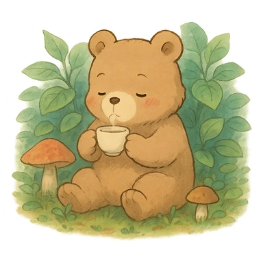 little bear sipping tea in the forest, surrounded by leaves and mushrooms, soft Ghibli style sticker