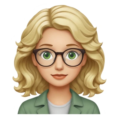 blonde woman, age 25-30, green eyes, wavy hair, friendly expression, product designer sticker