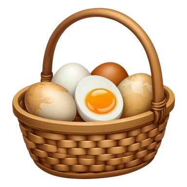 Tea eggs marbled brown appearance in basket, simplified emoji style with bold outlines and bright colors, cartoon style Chinese breakfast Cha Ye Dan sticker