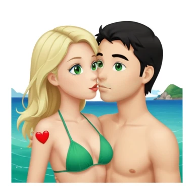 Blonde girl Green eyes Green Bikini whole body Kissing man black Hair blue eyes Hearts in Body Background sea sticker