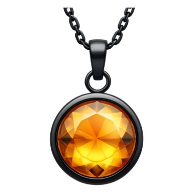 extreme close up of a round cut holographic amber charm with black setting and black chain sticker