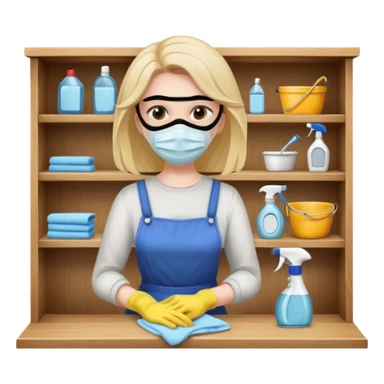 woman anxious cleaning a shelf and wearing a mask sticker
