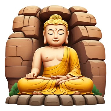 Leshan Giant Buddha massive stone statue, simplified emoji style with bold outlines and bright colors, cartoon style sitting Buddha carved in cliff sticker