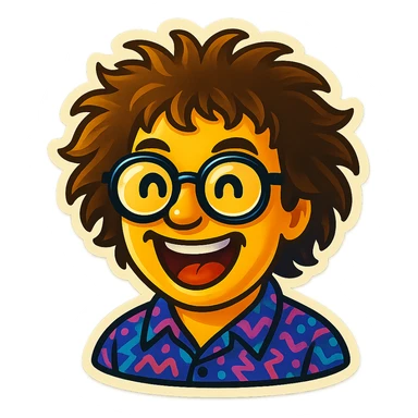Create an emoji based on this person's appearance, focusing on the wild hair, glasses, and patterned shirt. Use a fun, expressive style suitable for emoji, in a retro stickers style. sticker