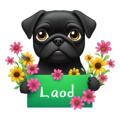 Black pug , surrounded by flowers, holding a green sign that says “good luck”  sticker