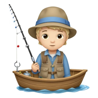 Little boy on a little boat fishing, felt texture, scrapbooking, precious moments style character sticker