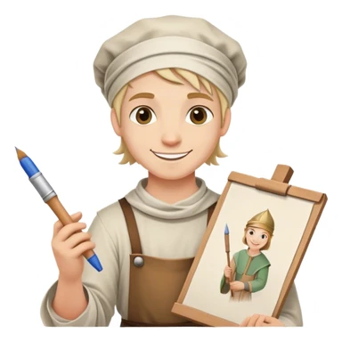 happy apprentice painter with rolled up drawing, medieval age sticker