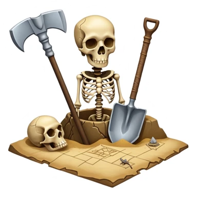 An icon featuring a shovel, pickaxe, and ancient artifacts, symbolizing archaeology. The design includes a partially unearthed skeleton and a treasure map, representing the discovery of past civilizations. Transparent background emphasizes the adventure of uncovering history. sticker