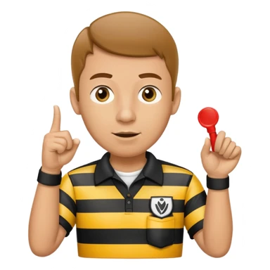A calm referee with striped shirt, pointing clearly toward the field wearing whistle  sticker