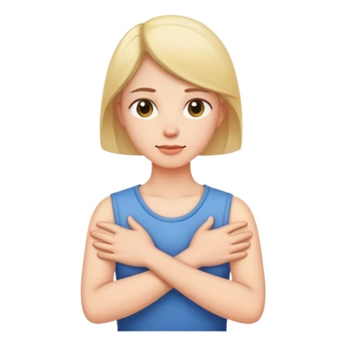 Person with arms crossed holding hands around neck sticker