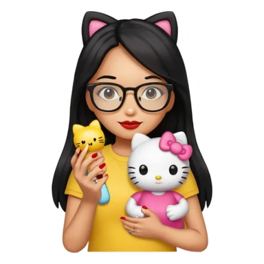 Nails cute with hello kitty wear glasses black long  hair, woman wear yellow shirt , red nails , big hello kitty doll sticker