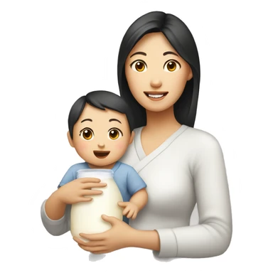 An Asian woman gives her baby milk sticker