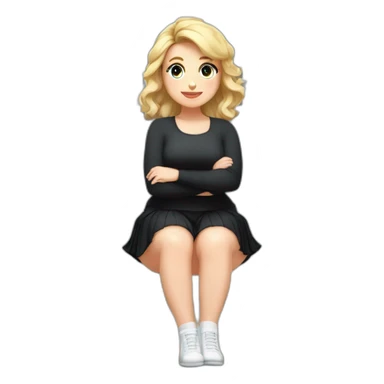 Front view full body curvy caucasian beauty sitting on the floor straight hands up black skirt white knickers white socks sticker