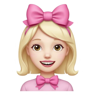 smiling emoji with a pink bow on head and hand placed on the teeth sticker