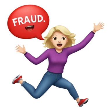 Woman jumping screaming and word “fraud” in a bubble sticker