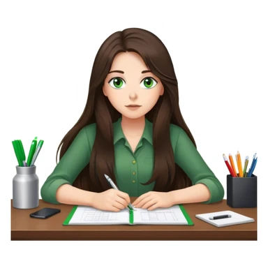 long haired brunette girl with green eyes working at a desk with wall clock displaying 6pm sticker