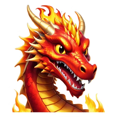 Cinematic Comical Fierce Fire Dragon Portrait Emoji, Head tilted dramatically with an exaggeratedly amused expression, featuring a striking, flame-draped body with bold, blazing scales in intense red and molten gold, and eyes twinkling with fiery mischief; rendered with vivid, lifelike textures and dynamic, flickering shadows, high shine, dramatic yet playful, styled with an air of cheeky volcanic mischief, soft glowing outline, capturing the essence of a spirited and over‐the‐top inferno that looks ready to burst into a cascade of playful embers! sticker