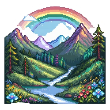 Enchanted meadow with rainbow and crystal mountains sticker
