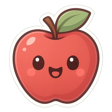 chibi sticker-style apple with a smiling face, cute and exaggerated sticker