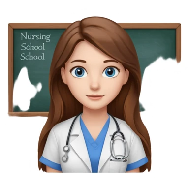 university classroom that says nursing school on the blackboard with a pretty female nursing student with long brown hair, blue eyes sticker