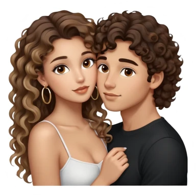 cute girl long brunette balayage curly/wavy not voluminous hair, brown eyes, hoop earrings, natural pretty clean makeup: kissing on the cheek a cute guy with blondish/brown hair and brown eyes taller than her sticker