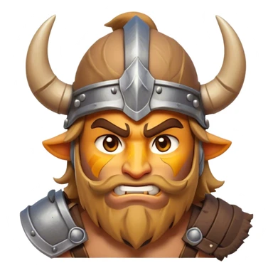 Clash of Clans aesthetic: Cinematic Fierce Barbarian Portrait Emoji, Poised and bold with a rugged yet cartoonish build in tattered furs and a horned helmet, his exposed skin a rich tan, expressive bright eyes and a confident smirk, Simplified yet dynamic features, highly detailed, glowing with a vivid, adventurous aura, high shine, heroic and spirited, stylized with an air of medieval warrior charm, focused and energetic, soft glowing outline, capturing the essence of a fearless barbarian adventurer ready to lead his clan with spirited valor! sticker