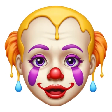 clown face with melting effect inspired by melting face and clown emoji, colorful makeup, sagging features, playful yet exhausted expression, emoji style sticker