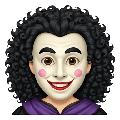 generate theatre mask emoji with a big curly black hair 

wide black smile, long and pointy white nose sticker