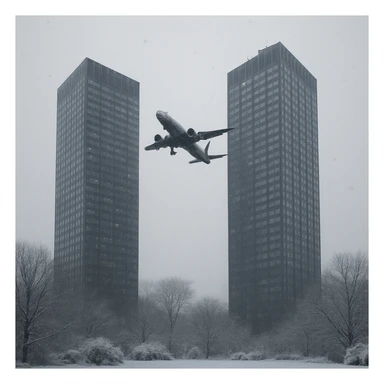 two skyscrapers and a plane that flyes to them, realism style, winter sticker