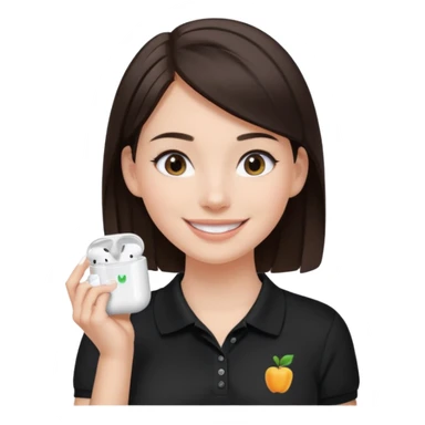 Girl with dark brown hair with airpods wearing a black wegmans grocery store polo sticker