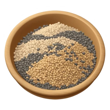 loose scatter or pile of small, rough beige-gray granules, matte and dusty, soft lighting, subtle shadows, emoji scale sticker