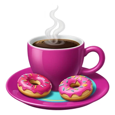 A steaming cup of coffee, magenta with a yellow butterfly print, sits on a magenta saucer with colorful donuts. sticker