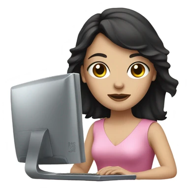 white girl with dark hair, dark eyes and pink dress with computer sticker