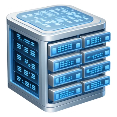 An icon featuring stacked server disks, a digital network grid, and binary code, symbolizing databases. The design includes data flow arrows, representing storage, organization, and retrieval of information. Transparent background highlights data-driven technologies. sticker