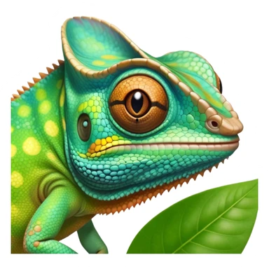 cinematic cute-smiling baby chameleon-realistic emoji,-blending-with-vibrant-greenery.-detailed-scales-in-shifting-colors,-showing-the-chameleon’s-ability-to-camouflage.-soft-natural-light-highlights-its-texture.-nature-background, zoomed into its face sticker