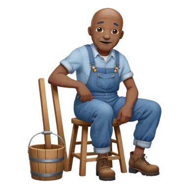 Old bald black man sitting on bucket stool overalls sticker