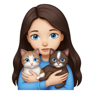a pretty girl with long dark 
brown hair, with blue eyes, hugs 3 different natural coloured small cats sticker