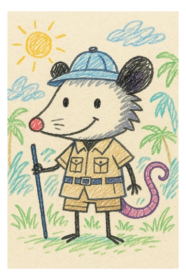 cute cartoon possum dressed up for a safari in the jungle, hand drawn children's illustration style, charming and whimsical sticker