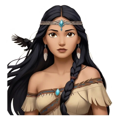 Cinematic Realistic Pocahontas Portrait, depicted with lifelike skin texture, soft natural lighting, and intricately detailed long, flowing raven-black hair that moves gracefully in the wind. Her deep, soulful dark brown eyes exude wisdom and strength, complemented by a serene yet powerful expression. She is dressed in her classic one-shoulder native american dress, with rich fabric textures and delicate beaded details that catch the light beautifully. The portrait features a soft, sun-kissed glow with a natural, radiant finish, capturing the essence of untamed beauty and deep connection to nature in a realistic and painterly style, evoking a sense of depth and authenticity. sticker