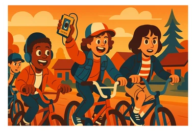 Group of friends inspired by Stranger Things riding bikes, one holding a cassette tape player (walkman), vibrant toon style, wide aspect ratio 16:9 sticker