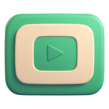 minimalist 3D YouTube logo rectangle with rounded corners, dark green fill, light beige play triangle, soft shadows, style like Instagram iOS logo, no background sticker