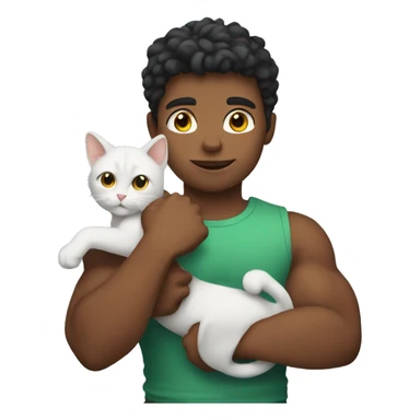 A boy with muscles holding cat sticker