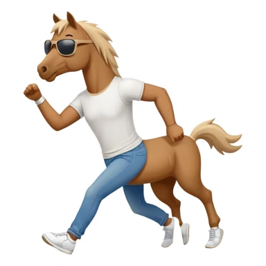 friendly anthropomorphised stallion in jeans and a t-shirt, wearing dark sunglasses, jogging upright in standard pose sticker