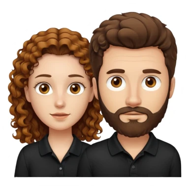 Criar Casal - Homem branco de cabelo liso e olhos marrom, com barba, camiseta polo preta e mulher de pele branca cabelo cacheado marrom longo e olhos mel sticker