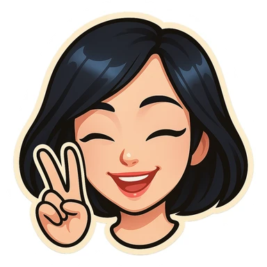 Create a girl's head in the classic Telegram sticker style with cute facial features resembling Samsung Sam, pale skin, only the head without neck, white background. The girl is winking, smiling, and showing a V (peace) sign with her fingers. Clean cartoon style suitable for a Telegram bot profile. sticker