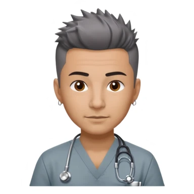 Dr. Efrén Rivera Santiago, a doctor with short spiked hair, gray scrubs, tattoos, and hook earrings, exudes professionalism and warmth. sticker