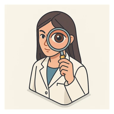 front view of a female doctor with dark long straight hair, detailed brown eyes (not dots), wearing a white coat, looking straight at the camera through a magnifying glass, both eyes visible, one eye enlarged and distorted like a fisheye lens, minimalist background, 2D isometric style sticker