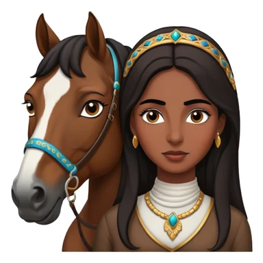 Middle Eastern woman with black and well defined eyebrows next to a horse  sticker