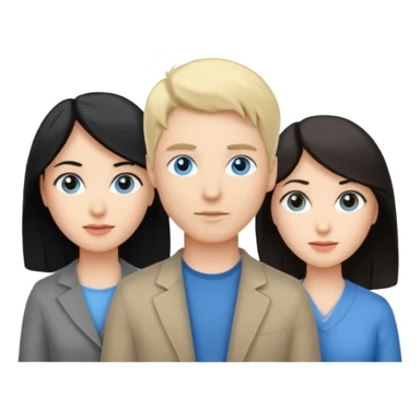 Blond woman blue eyes on left. Man with black hair and greye eye in the middle. Brown hair woman with greye eyes on the right sticker