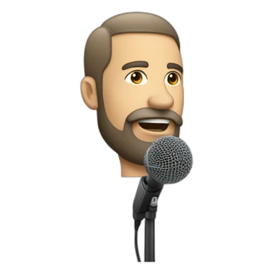 A stocky man with a beard and a microphone sticker